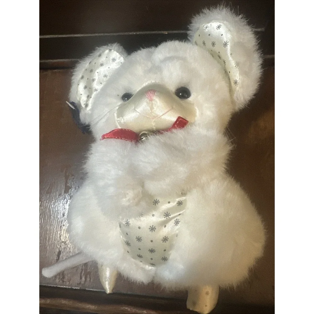 Vintage Applause Christmas 1986 Plush White Mouse Satin Snowflake Ears Jingle